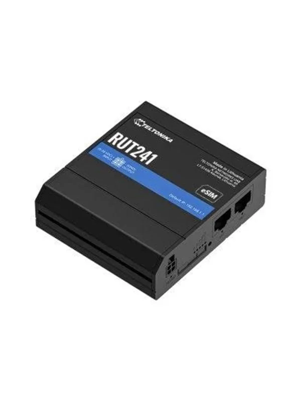 Teltonika RUT241 eSIM | Industrieller 4G-LTE-Router | Cat 4, 2x RJ45 100Mb/s, eSIM, Matkapuhelinverkon reititin, musta, Alumiini, Seinä/tolppa/DIN-kiskokiinnitys, Teollinen, Data, LAN, Teho, WAN