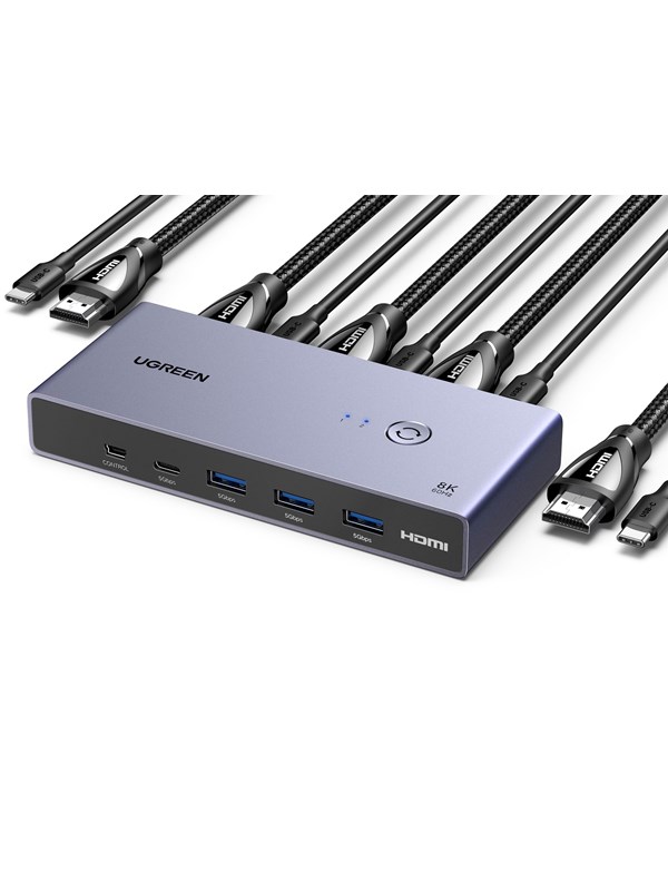 UGREEN 8K HDMI KVM Switch 4 USB 3.0 Ports (3 USB-A + 1 USB-C) 2 HDMI Cables 2 USB Cables and Controller