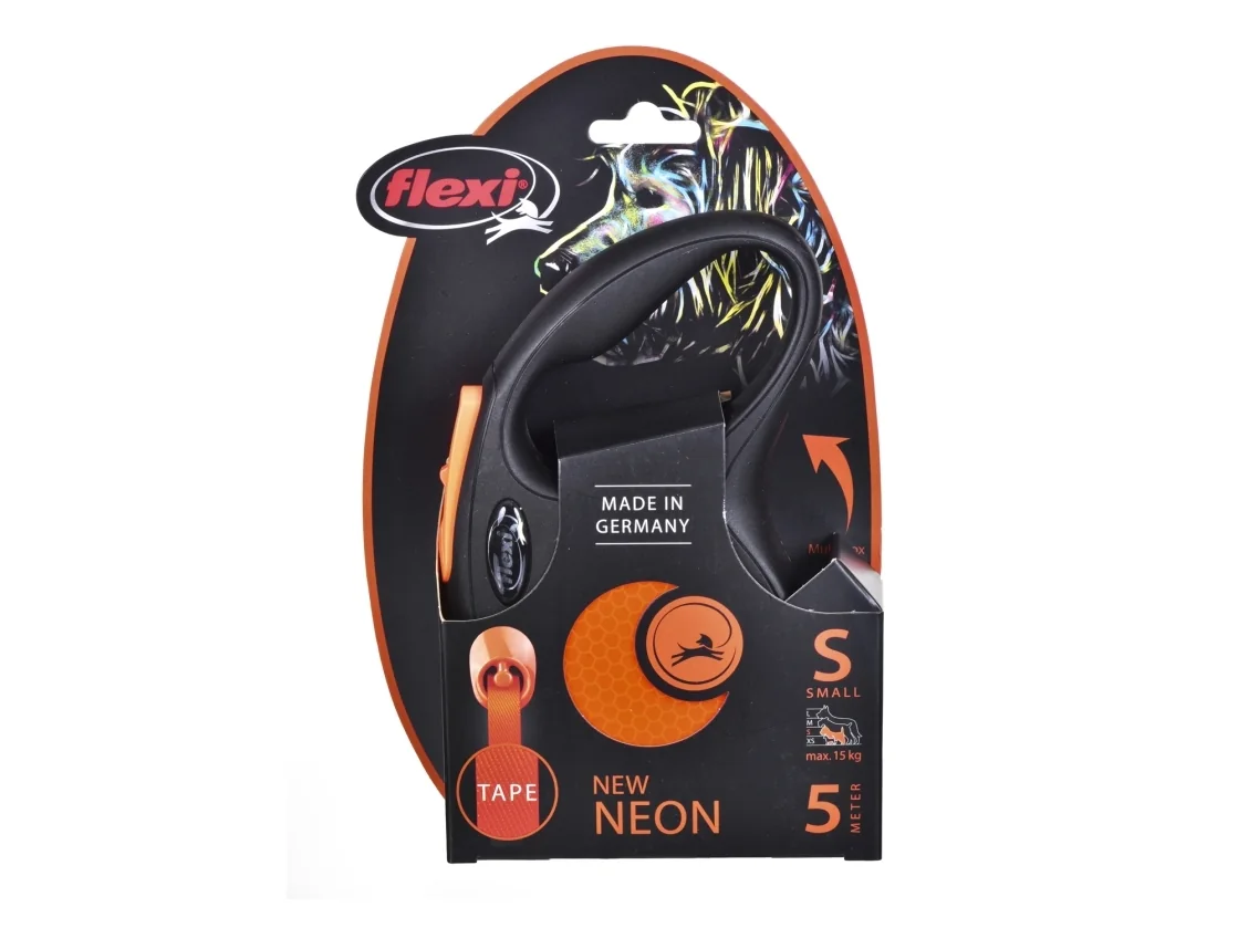 Flexi New NEON - kelatalutin S, 5m 15kg musta/neon oranssi