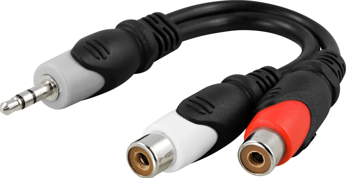 Deltaco AA-6 3,5 mm uros – 2x RCA naaras -sovitin, 10 cm, musta