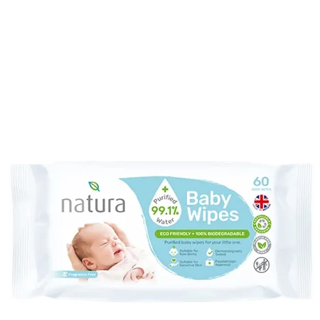 Natura Purified Water Biohajoavat Hajusteettomat Baby Wipes - 60 kpl