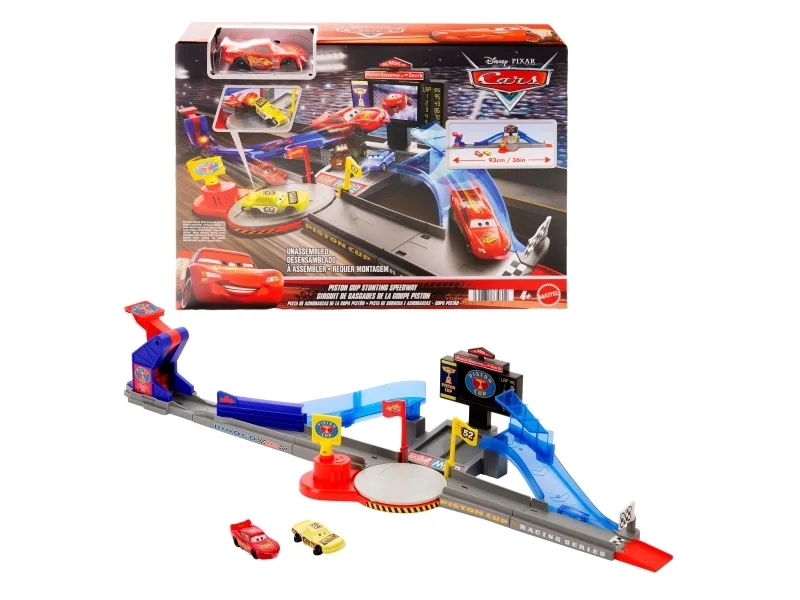 Disney Pixar Cars Disney and Pixar Cars Piston Cup Stunting Speedway -leikkisetti, jossa Salama McQueen -leluauto, Kilpa-ajoneuvo ja ratasetti, 4 vuosi/vuosia, Muovi, Monivärinen