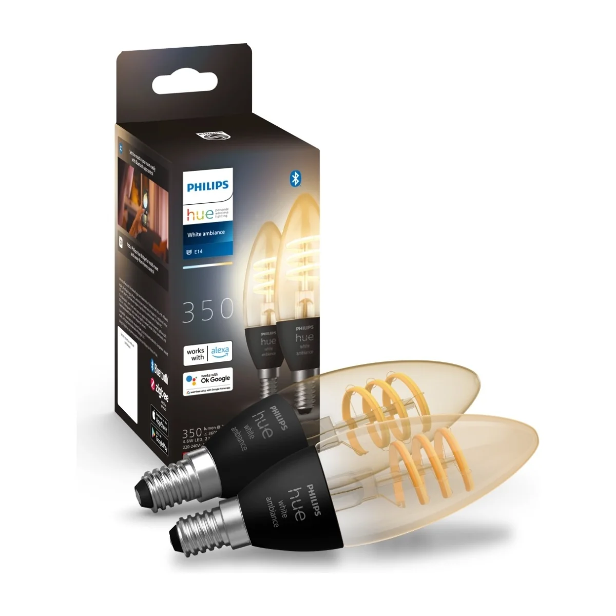 Philips Hue White Ambiance Filament E14 Candle, 2 kpl - Äly-LED-lamppu