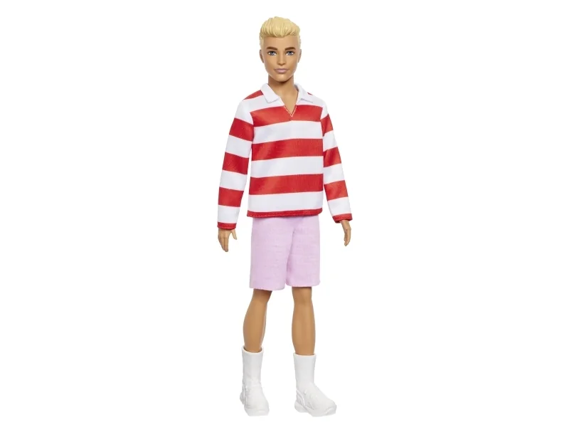 Barbie Fashionistas Ken -nukke #241 punaraidallisessa puserossa, pinkeissä shortseissa ja valkoisissa lenkkitossuissa, vaaleahiuksinen, Muotinukke, Mies, 3 vuosi/vuosia, Poika/tyttö, 300 mm, 174 g