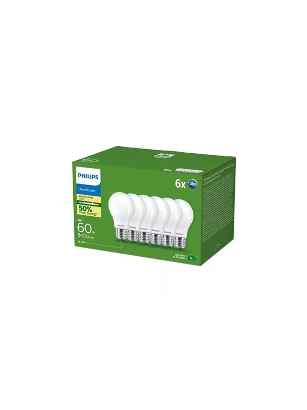Philips E27 LED-lamppu A60 4W 840lm 2700K opaali 6 kpl:n pakkaus