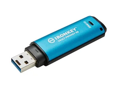 Kingston Technology IronKey 256 Gt Vault Privacy 50 AES-256-salaus, FIPS 197, 256 GB, USB A-tyyppi, 3.2 Gen 1 (3.1 Gen 1), 230 MB/s, Suojus, Musta, Sininen