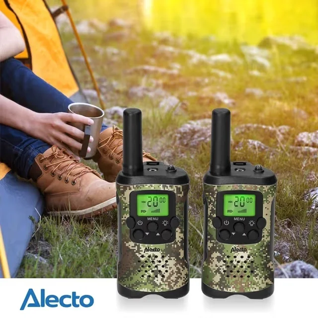 Alecto Radiopuhelinsarja | 2 luuria | Jopa 7 km | Taajuuskanavat: 24 h valmiustila | Kuulokelähtö | Sisäänrakennettu taskulamppu | Naamiointi | Naamioitu