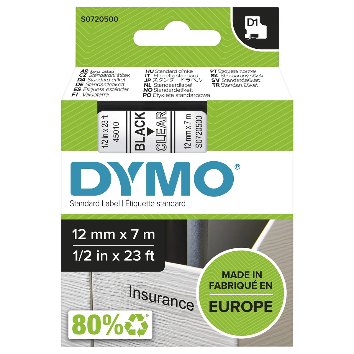Dymo Tape D1 12mm Musta/läpinäkyvä