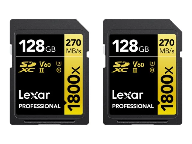 Lexar Professional GOLD Series - Flashhukommelseskort - 128 GB - Video Class V60 / UHS-II U3 / Class10 - 1800x - SDXC UHS-II (pakke med 2)