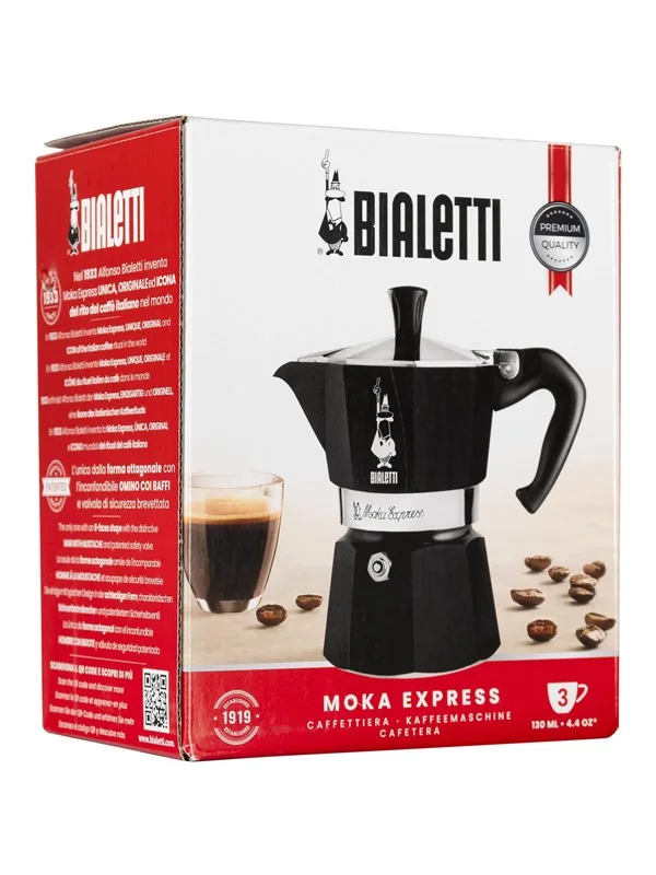 Bialetti Moka Exress, Mokkapannu, Musta, Alumiini, 3 kuppia, CE, 1 kpl