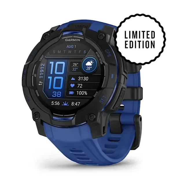 Garmin Instinct® 3 - 45 mm, AMOLED musta, vaihdettavalla silikonirannekkeella 22 mm Bolt sininen