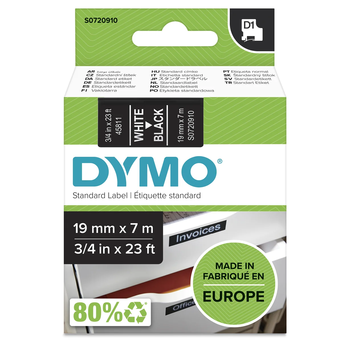 DYMO D1 -teipit, 19 mm x 7 m, valkoinen teksti mustalle, itseliimautuvat teipit LabelManager-tarratulostimille, aito