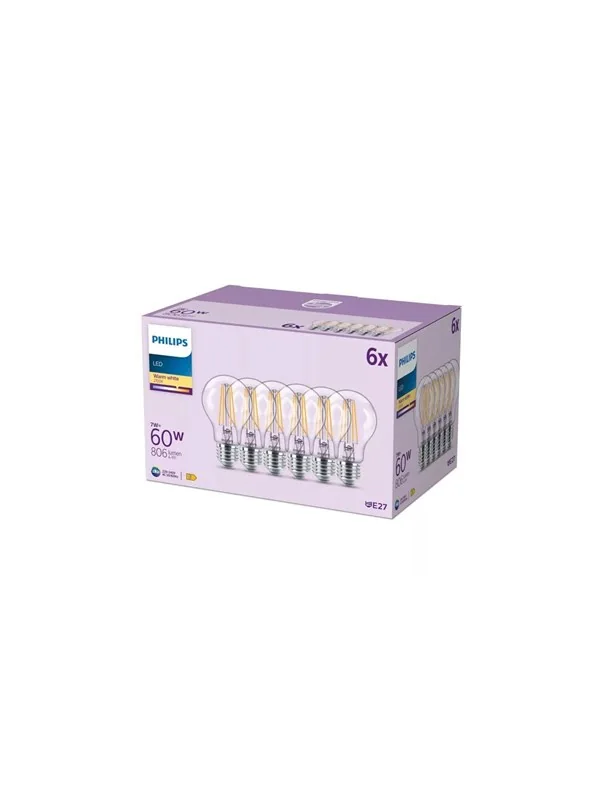 Philips LED-lamppu A60 7W/827 (60W) Clear 6-pack E27
