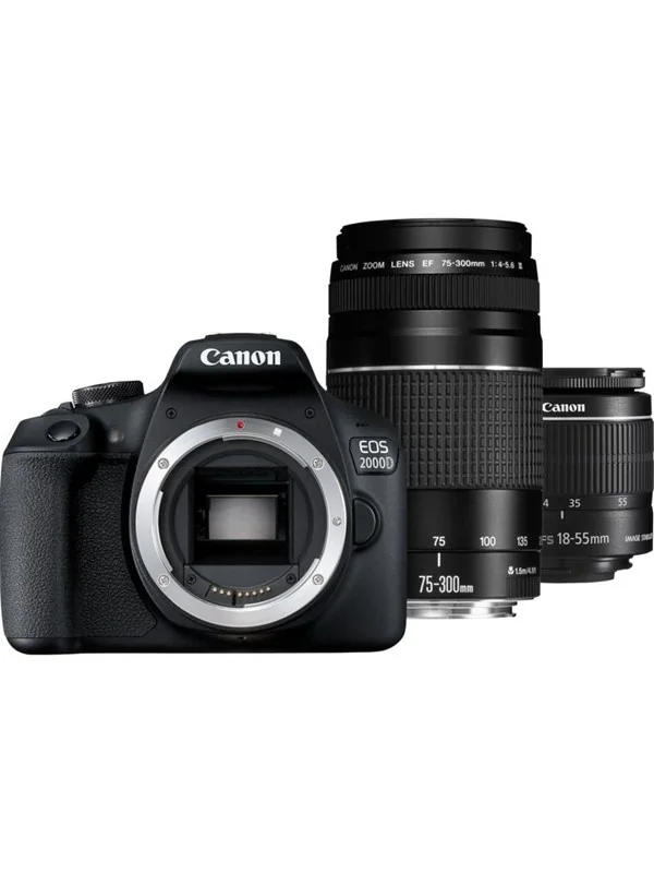 Canon EOS 2000D + EF-S 18-55mm f/3.5-5.6 IS II + EF 75-300mm f/4-5.6 III, 24,1 MP, 6000 x 4000 pikseliä, CMOS, Full HD, 475 g, Musta
