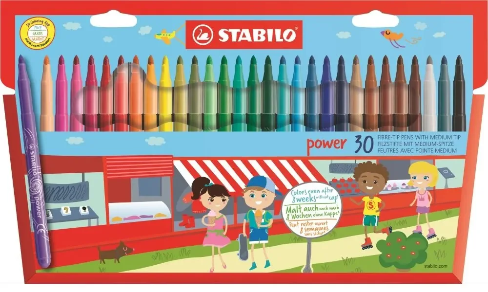 Stabilo Power Børnetusch 30 farver - 2mm streg - kan tåle at ligge uden hætte i op til 8 uger uden at tørre ud