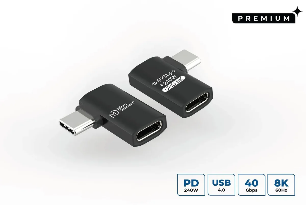 MicroConnect USB4 Gen 3x2 USB-C kulma 40 Gbit/s 240 W - Sovitin, Musta