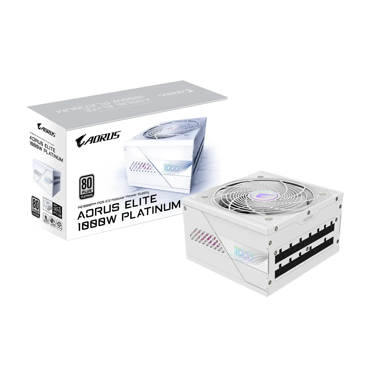 GIGABYTE AORUS ELITE P1000W ICE Virtalähde - 1000 Watt - 120 mm - ATX 3.0 - 80 Plus Platina sertifioitu