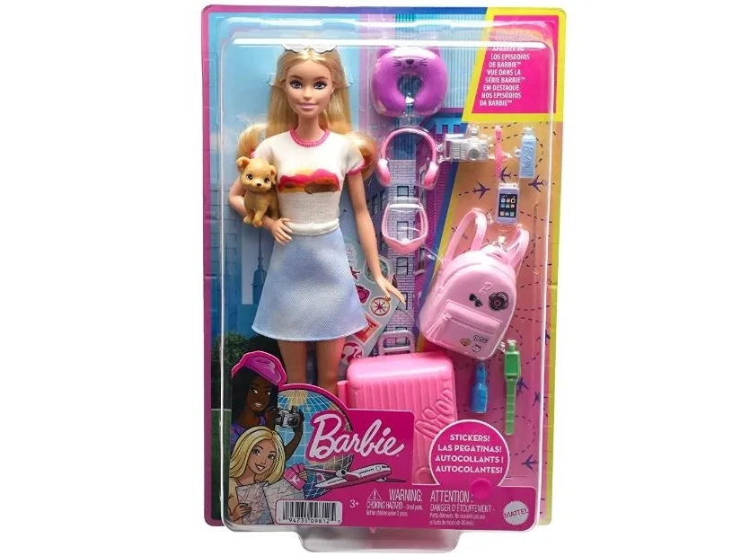 Barbie Dreamhouse Adventures -nukke ja tarvikkeita, Malibu-matkailupaketti, mukana koiranpentu ja yli 10 osaa, kuten toimiva matkalaukku, Muotinukke, Naaras, 3 vuosi/vuosia, Tyttö, 294 mm, 300 g