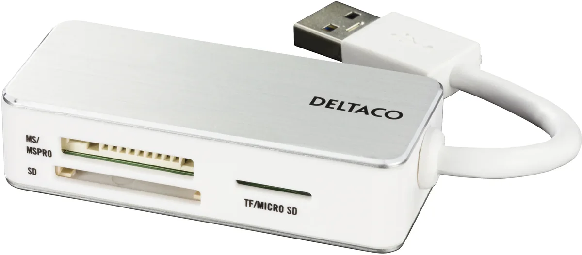 Deltaco USB 3.0 muistikortinlukija, 3 paikkaa, valk./hopea