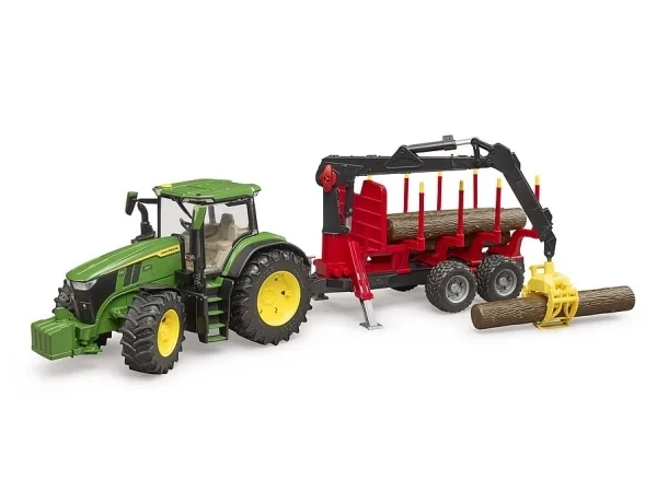 Bruder John Deere 7R 350 tractor with forestry trailer and 4 trunks toy