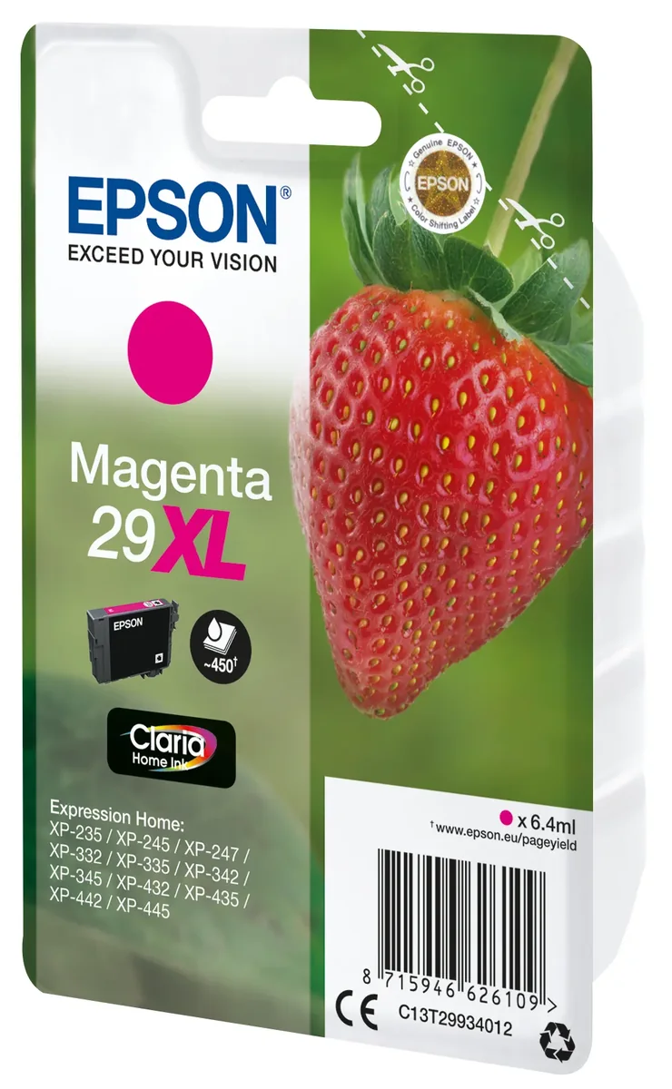 Epson Strawberry Singlepack Magenta 29XL Claria Home Ink, High (L) Yield, Magenta, Väriainepohjainen muste, 6,4 ml, 1 kpl, Kertapakkaus