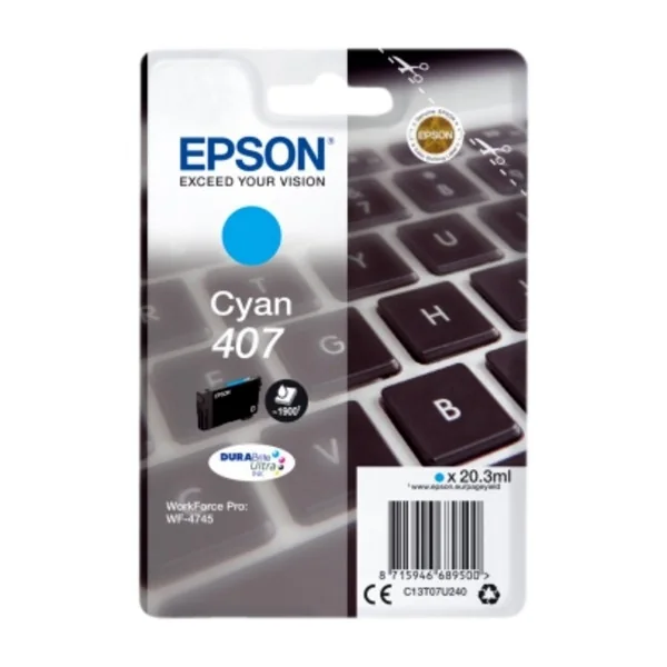 Epson 407L Näppäimistö DURABrite Ultra, yksittäispakkaus, syaani muste, High (L) Yield, Syaani, 20,3 ml, 1 kpl, 1900 sivua, Kertapakkaus