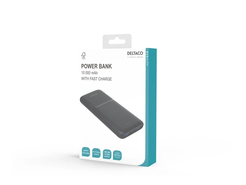 Deltaco PB-C1007 Powerbank | 2x USB-A + 1x USB-C | PD | Black - 10000 mAh