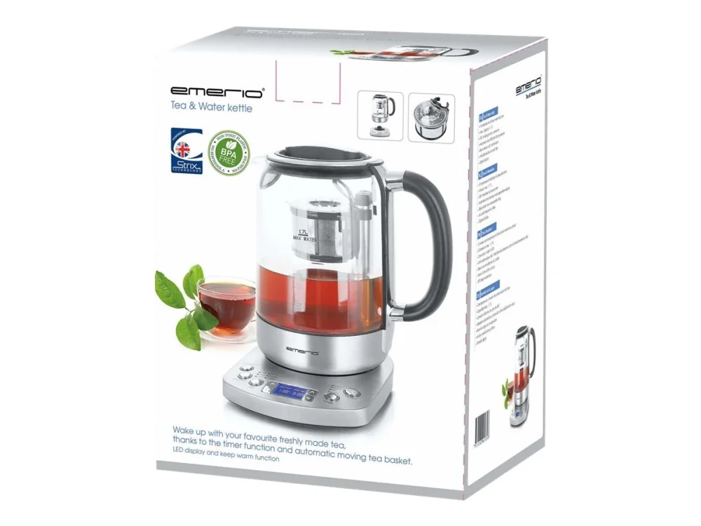 Emerio WK-122248, 1,7 L, 2200 W, Ruostumaton teräs, Läpinäkyvä, Säädettävä termostaatti, Johdoton, Pidä lämpimänä-toiminto