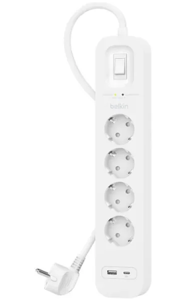 Belkin Connect Surge Protector - ylijännitesuoja 4 pistorasialla, 2 USB-portilla ja 2 metrin kaapelilla, valkoinen