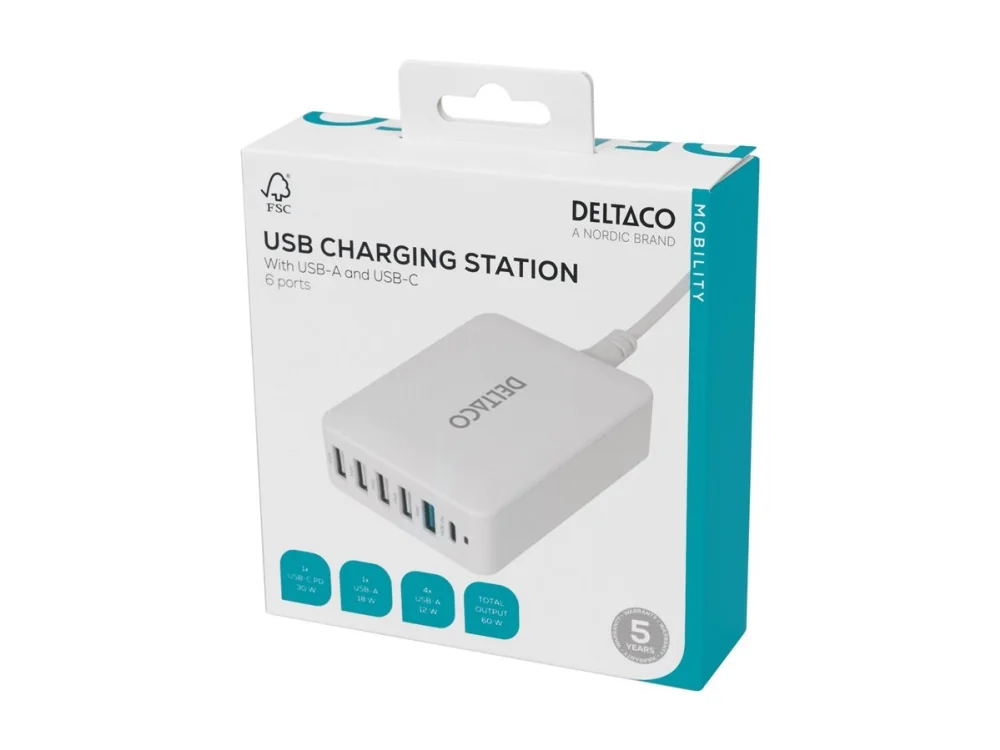 Deltaco USBC-MO100, Sisätila, AC, USB, 1,5 m, Valkoinen