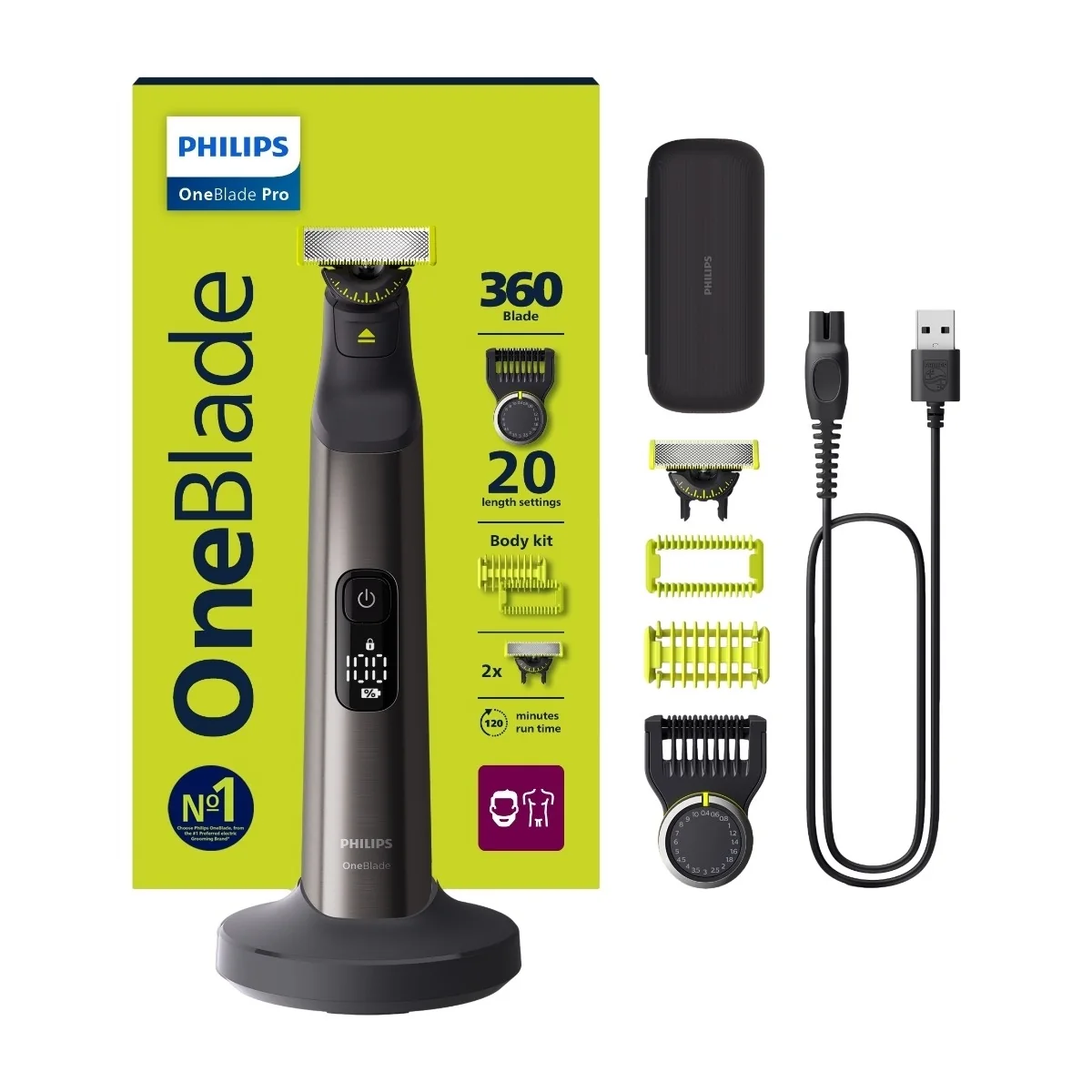 Philips OneBlade Pro 360 QP6652/61 Face + Body, Sisäänrakennettu näyttö, Pestävä, Akku, Kromi