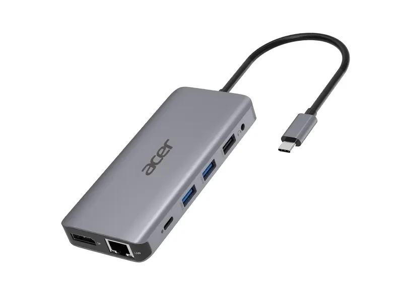 Acer 12-in-1 Type-C Dongle, Langallinen, USB 3.2 Gen 1 (3.1 Gen 1) Type-C, 3,5 mm, 10,100,1000 Mbit/s, Hopea, MicroSD (TransFlash), SD