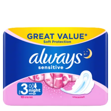 Always Sensitive Night Size 3 Sanitary Pads With Wings - 10 kpl