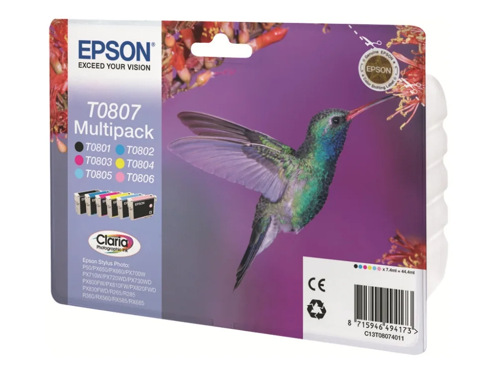 Epson T0807-mustekasettipakkaus, monivärinen, 6 kpl