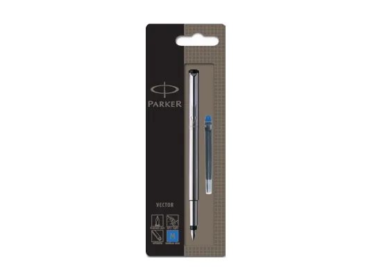 Parker Vector Fountain Pen | Stainless Steel with Chrome Trim | Medium Nib | Blue Ink | Hangtab