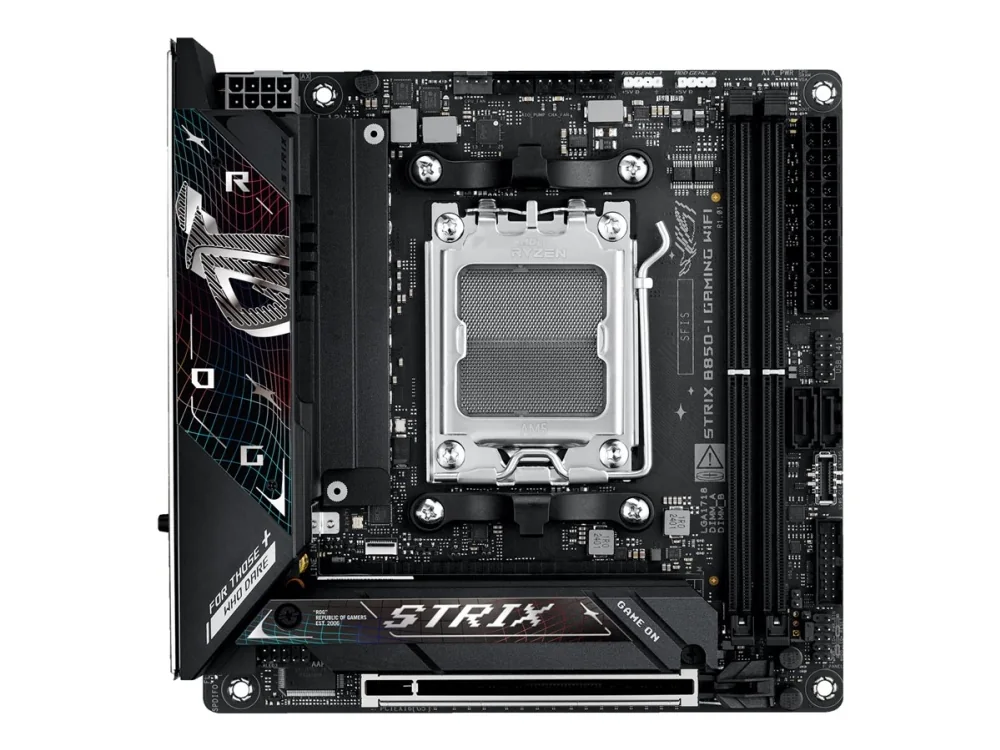 ASUS ROG STRIX B850-I GAMING WIFI - Emolevy - mini ITX - Socket AM5 - AMD B850 Chipset - USB-C 3.2 Gen 2x2, USB-C 3.2 Gen2, USB 3.2 Gen 2, USB 3.2 Gen 1 - 2.5 Gigabit LAN, Wi-Fi 7, Bluetooth - sisäinen grafiikka (CPU tarvitaan) - HD Audio (8-kanavainen)