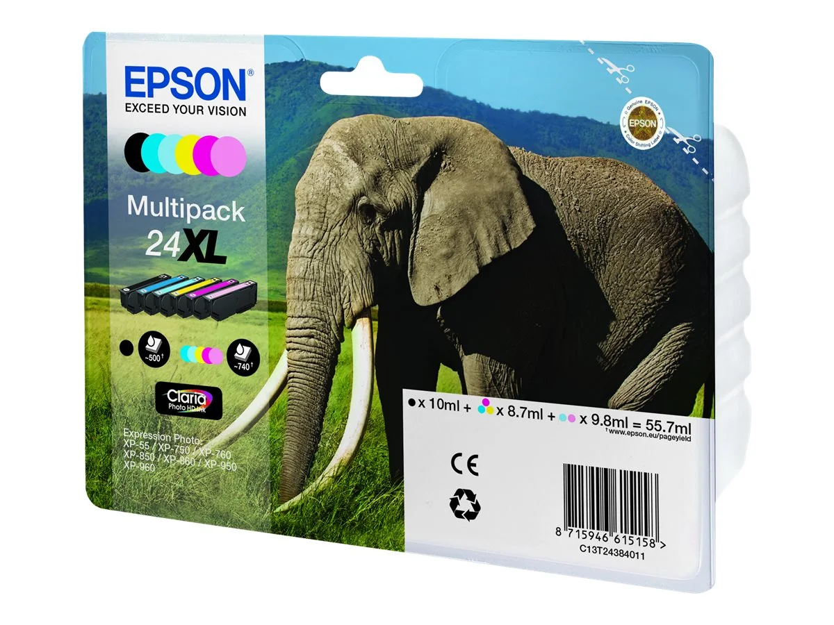Epson Elephant 24XL Norsu Claria Photo HD, moniväripakkaus, 6 väriä, High (L) Yield, Musta, Syaani, Vaalea syaani, Magenta, Vaalea Magenta, Keltainen, 10 ml, 8,7 ml, 1 kpl, Monipakkaus