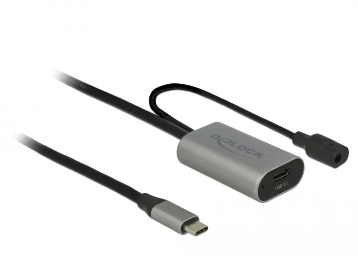 DeLOCK aktiivinen USB-C 3.2 Gen 1 -jatkokaapeli, 10 W, 5 m, musta, harmaa
