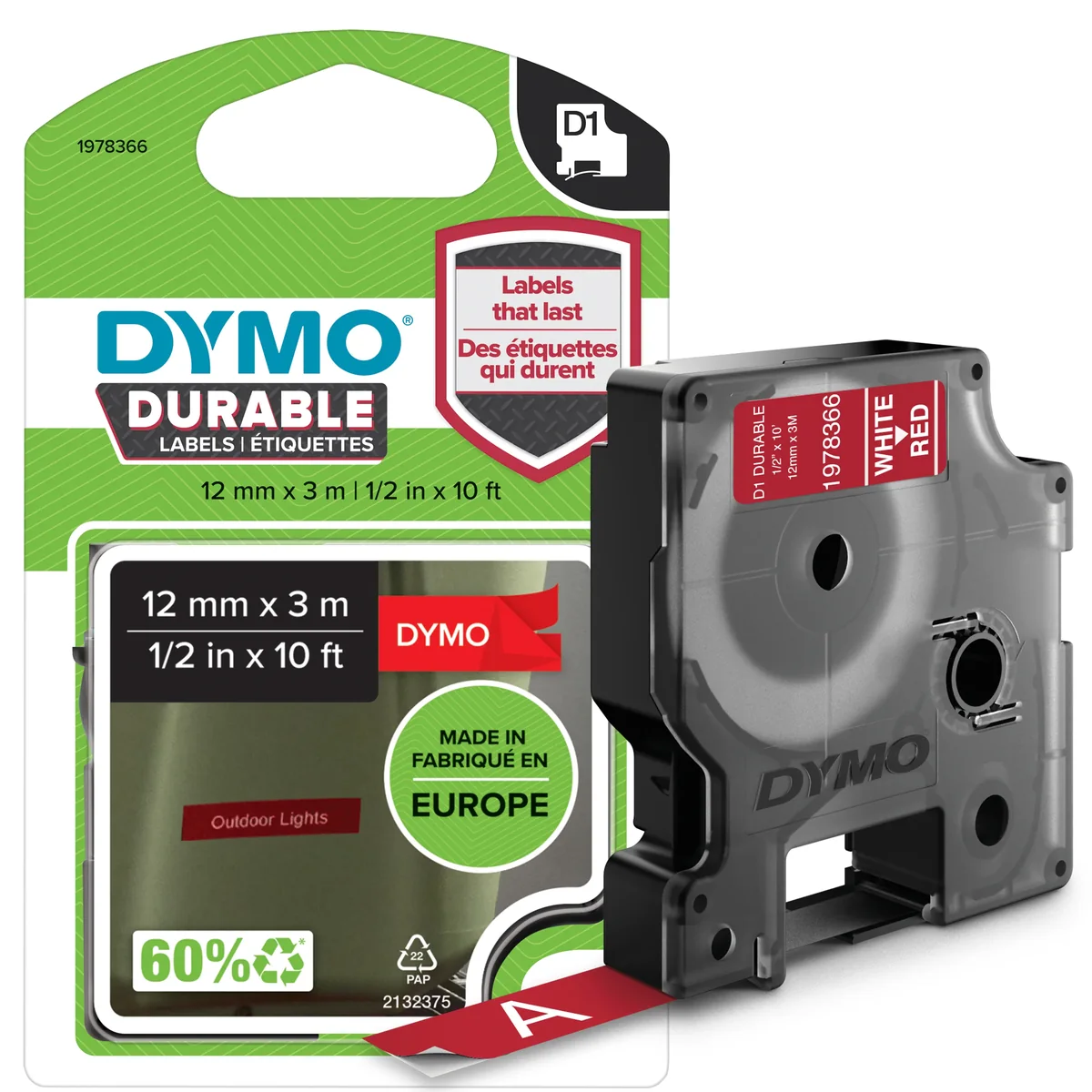 DYMO D1® -tehokkaat / kestävät Durable-teipit, 12 mm x 3 m, valkoinen teksti punaiselle, itseliimautuvat teipit LabelManager-tarratulostimille, aito