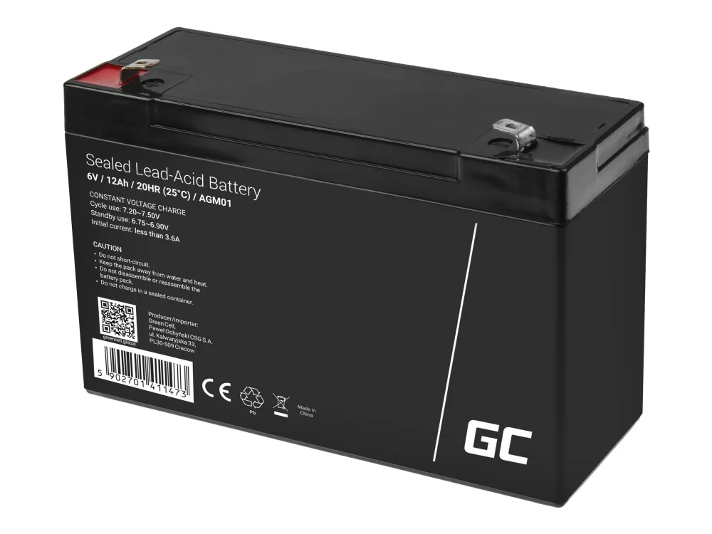 Green Cell AGM01 - 6V 12Ah VRLA Battery | AGM | Maintenance-Free