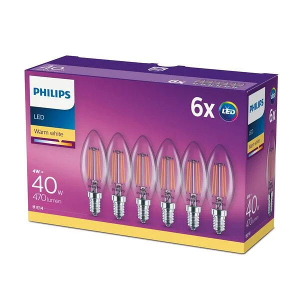Philips Filamentti kynttilälamppu kirkas 40W B35 E14 x6, 4 W, 40 W, E14, 470 lm, 15000 h, Lämmin valkoinen