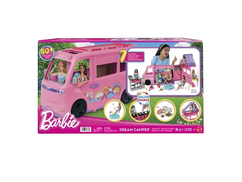 Barbie Dream Camper -lelupakkaus, kattoteltta, grilli ja värinvaihto-ominaisuus sekä yli 60 muuta tarviketta, Doll camper, 3 vuosi/vuosia, 3,5 kg