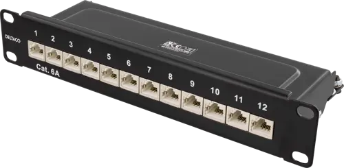 Deltaco 10 tuuman liitäntäpaneeli, jossa on 12xRJ45 Cat6a STP 10Gb.