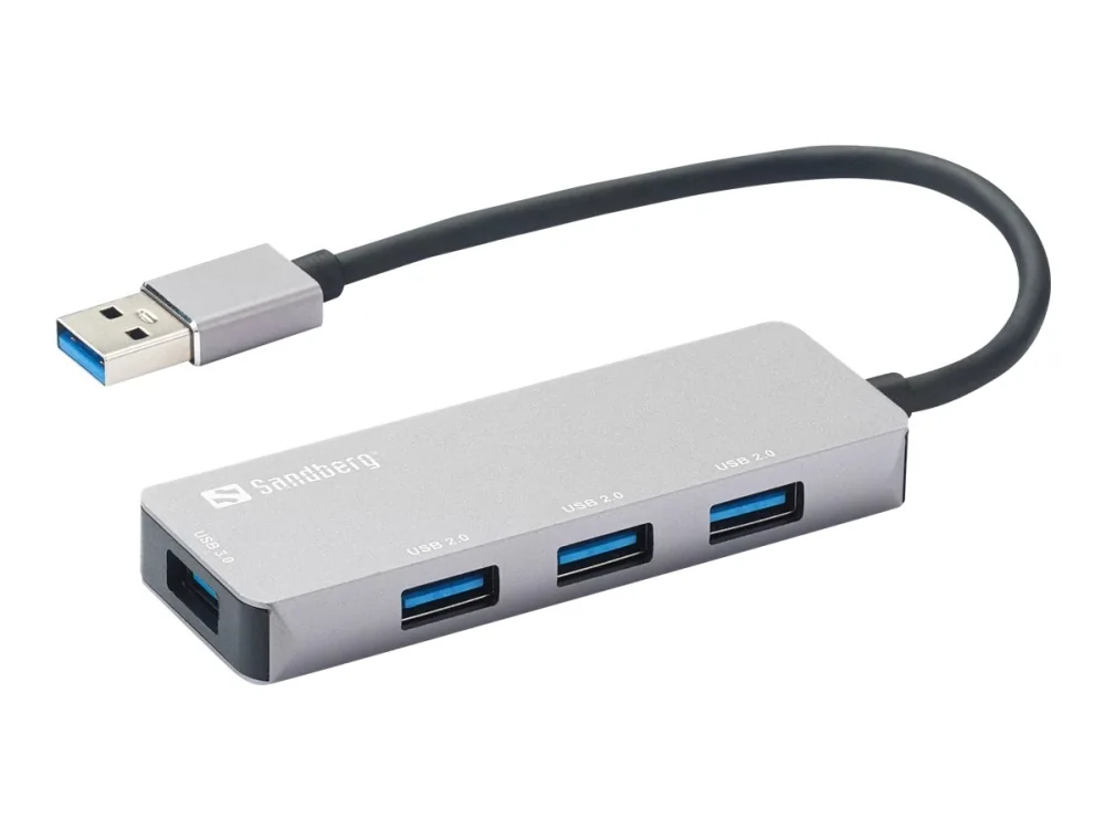 Sandberg USB-A-keskusyksikkö, jossa on 1 x USB3.0 ja 3 x 2.0-liitäntää SAVER-toiminnolla USB hub - 4 porttia - Harmaa