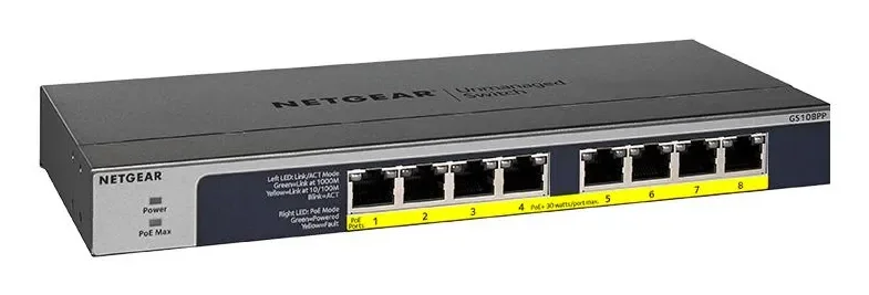 NETGEAR GS108PP - 8-porttinen hallitsematon Gigabit PoE+ -kytkin, Musta