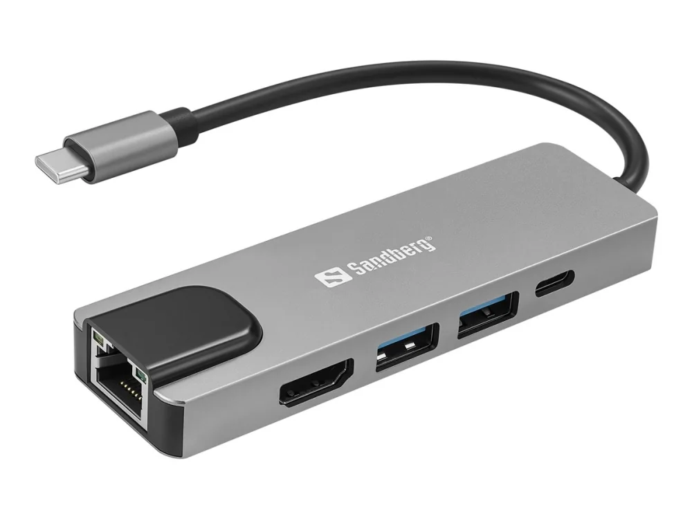Sandberg 336-99, langallinen, USB 3.2 Gen 1 (3.1 Gen 1) Type-C, 100 W, 10,100,1000 Mbit/s, hopea, 4K Ultra HD