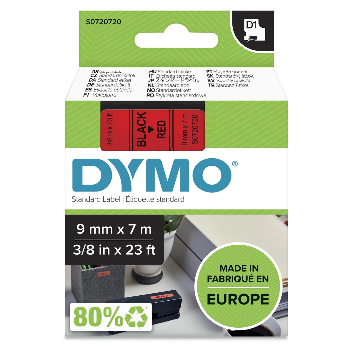 DYMO D1 merkkausteippi, 9mm, punainen/musta teksti, 7m - 40917