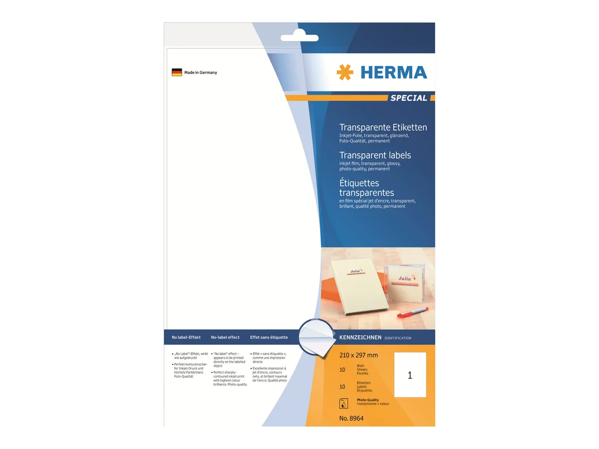 HERMA 8964, Läpinäkyvä, Itse kiinnittyvä tulostintarra, A4, Mustesuihku, Kiinteä, Kiilto