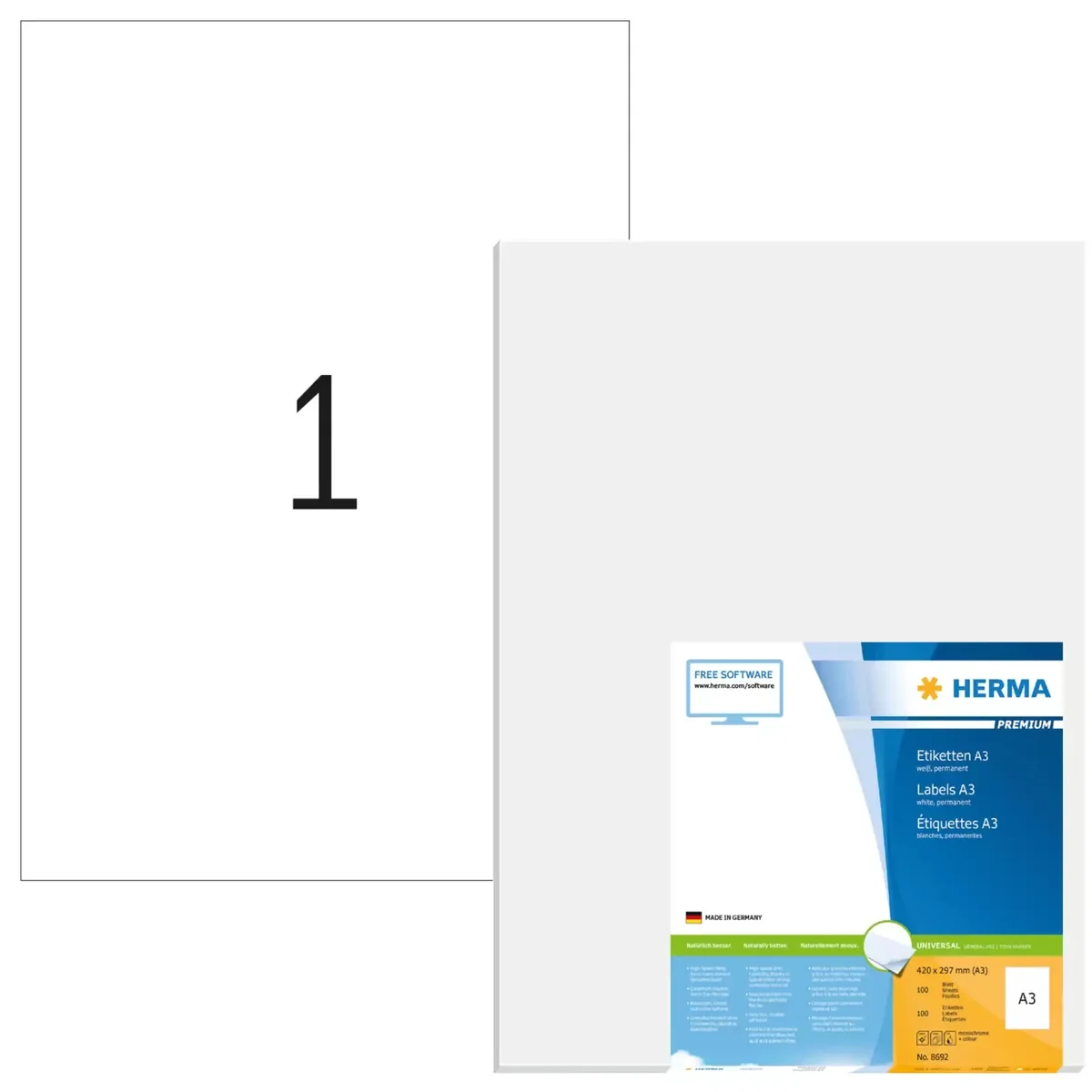 HERMA 8692, Valkoinen, Suorakulmio, Kiinteä, A3, Paperi, Matta