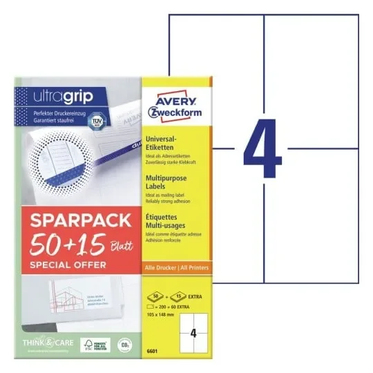 Universaletiketter Avery 105x148 mm, hvid med Ultragrip +30% ekstra indhold - (65 ark x 4 stk.)
